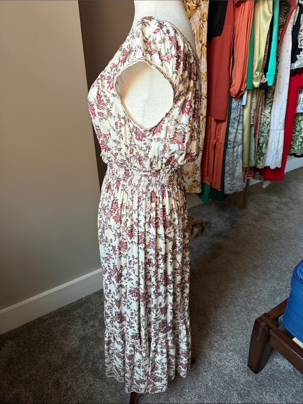 Max Studio Cream Maxi Dress with Burgundy Floral Print - Picture 2 of 3